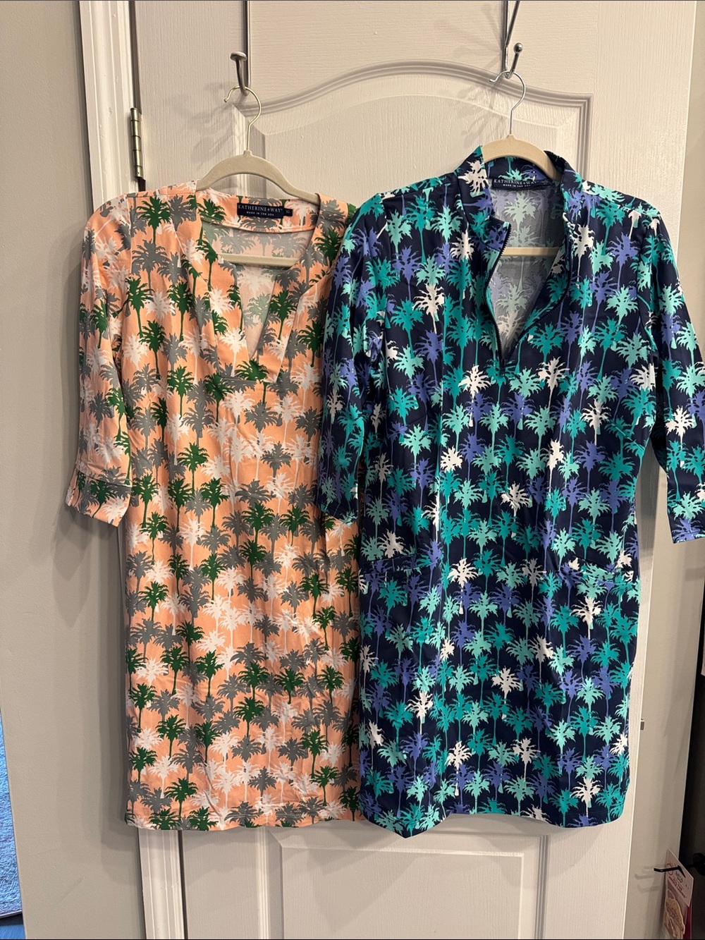 2 Katherine Way Dresses- Peach Palm Print and Navy zip with pockets